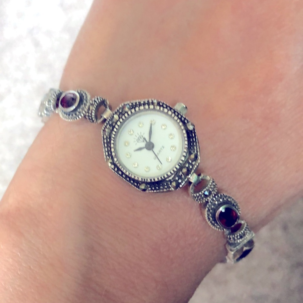 Vintage Japan Sterling Silver Garnet Diamond Red Gemstone Marcasite Tennis Watch